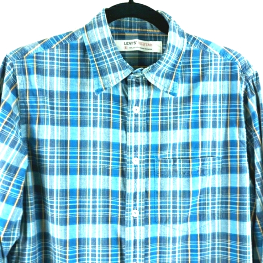 Levi's Dress Shirt Western Blue Plaid Size Small Neck 15.5